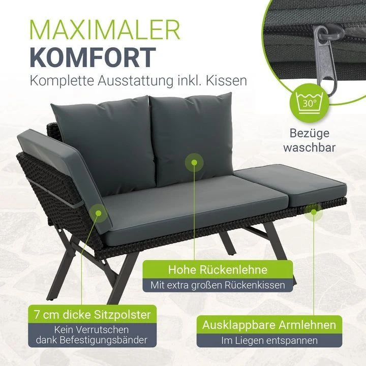 B-Ware Polyrattan Gartenbank Calvia schwarz grau creme mit Liegefunktion für 2-3