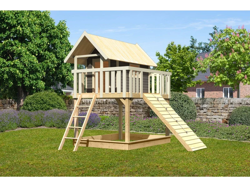 Karibu Stelzenhaus Fidel terragrau + Holzrampe