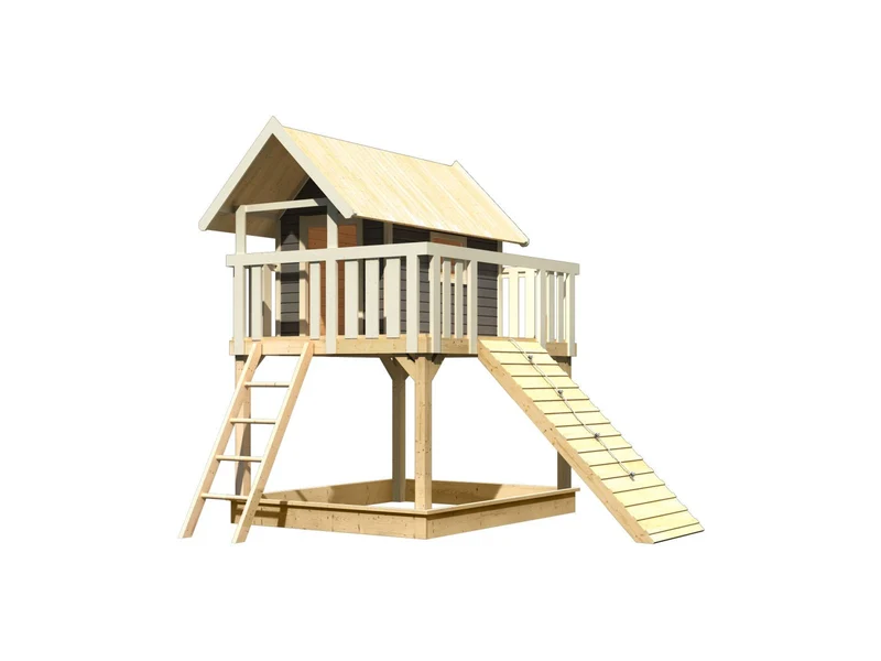 Karibu Stelzenhaus Fidel terragrau + Holzrampe