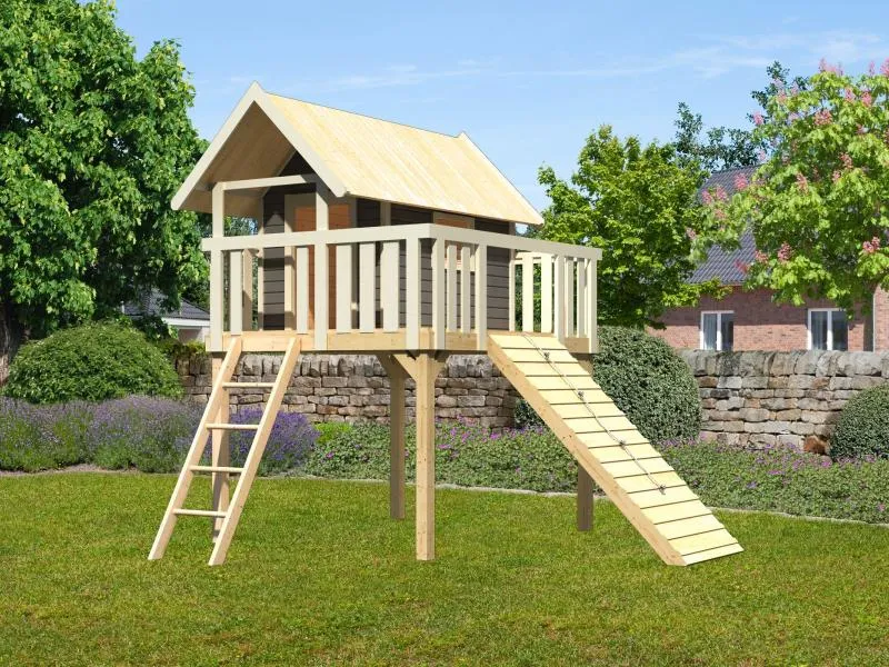 Karibu Stelzenhaus Fidel terragrau + Holzrampe