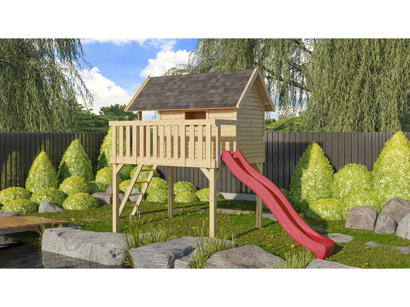 Karibu Stelzenhaus Fidel naturbelassen + Rutsche rot