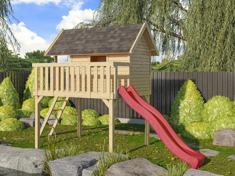 Karibu Stelzenhaus Fidel naturbelassen + Rutsche rot