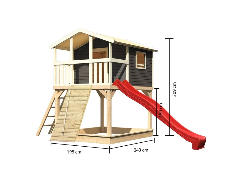 Karibu Stelzenhaus Benjamin terragrau + Rutsche rot + Holzrampe