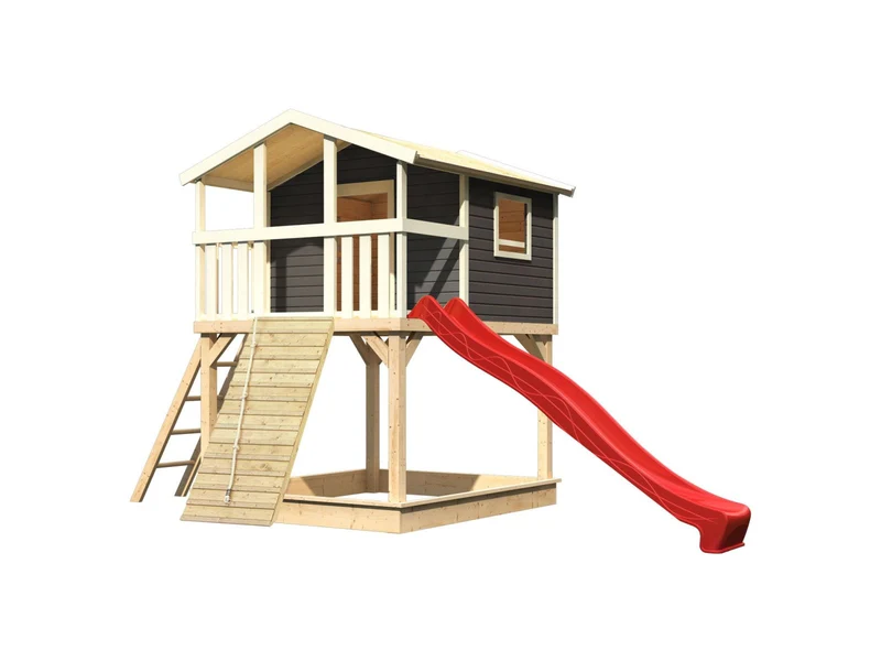 Karibu Stelzenhaus Benjamin terragrau + Rutsche rot + Holzrampe