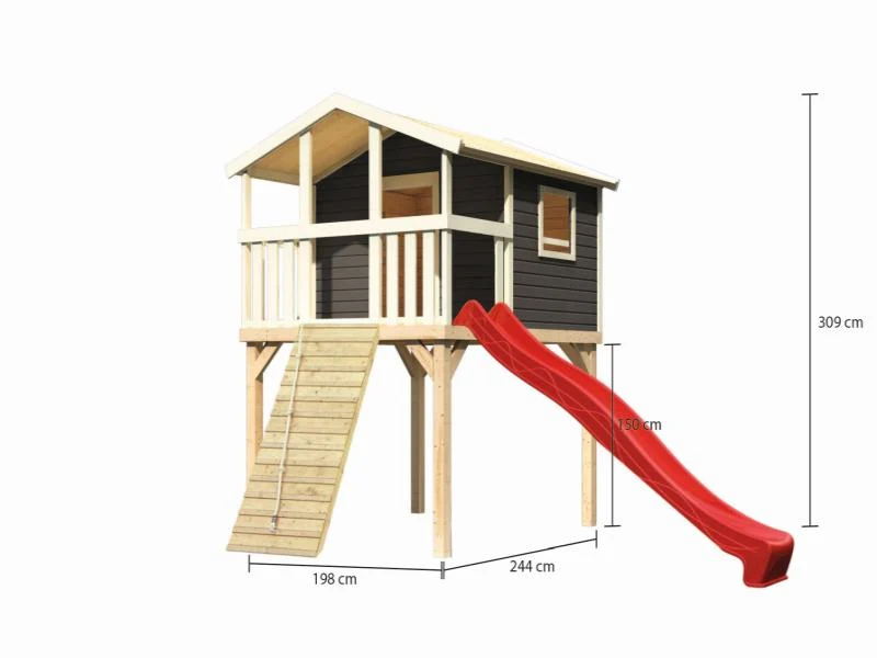 Karibu Stelzenhaus Benjamin terragrau + Rutsche rot + Holzrampe