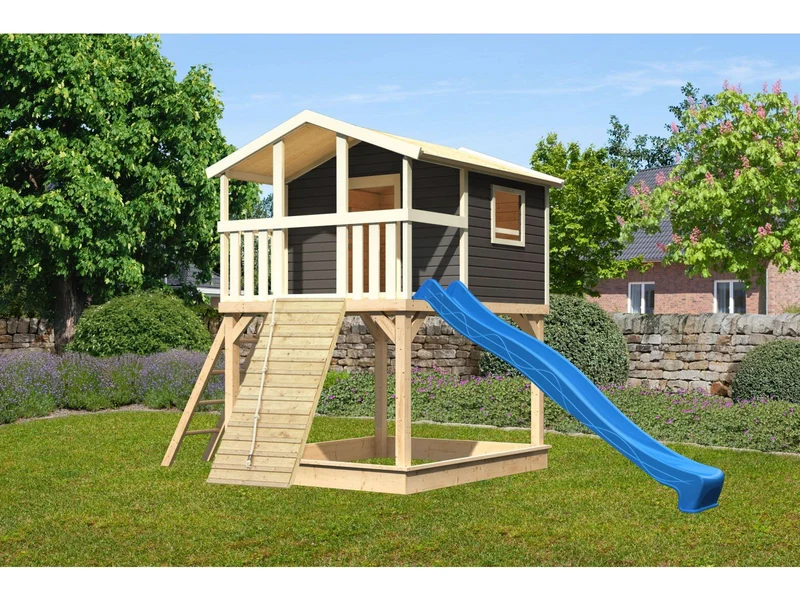 Karibu Stelzenhaus Benjamin terragrau + Rutsche blau + Holzrampe