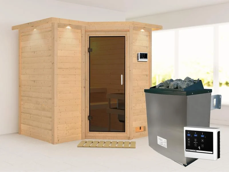 Karibu Sauna Sahib 1 inkl. 9 kW Ofen ext. Steuerung, mit moderner Saunatür, -mit Dachkranz-