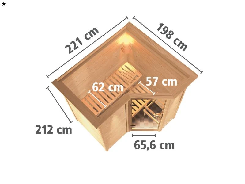 Karibu Sauna Sahib 1 inkl. 9 kW Ofen ext. Steuerung, mit moderner Saunatür, -mit Dachkranz-