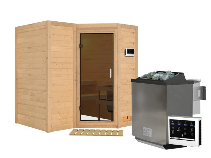 Karibu Sauna Sahib 1 inkl. 9 kW Bioofen ext. Steuerung, mit moderner Saunatür -ohne Dachkranz-