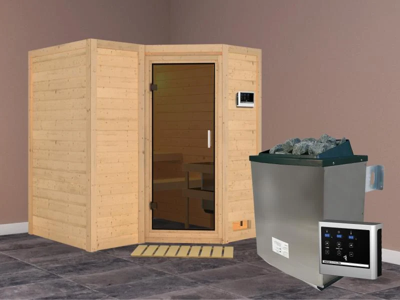 Karibu Sauna Sahib 1 inkl. 9 kW Ofen ext. Steuerung, mit moderner Saunatür -ohne Dachkranz-