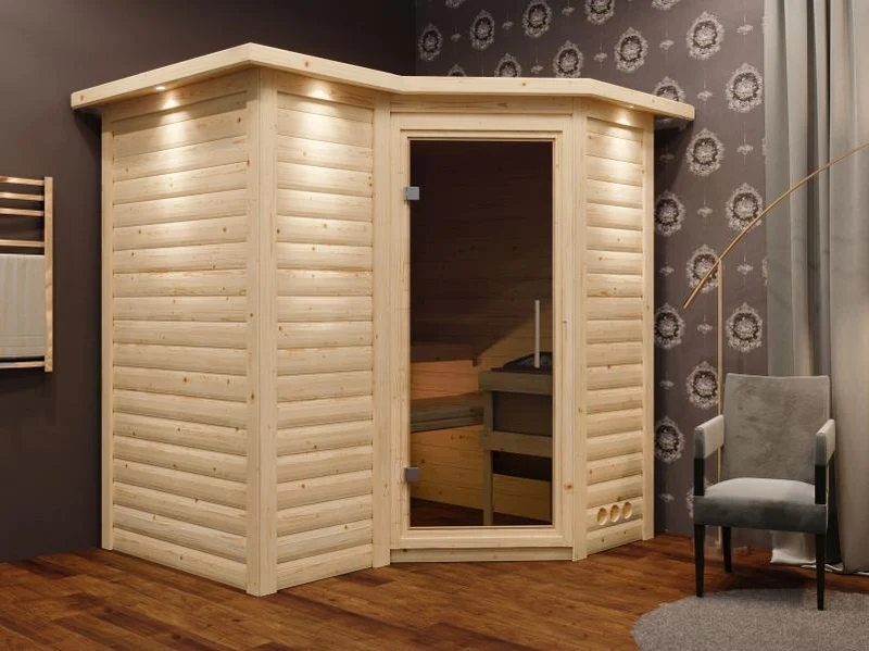 Karibu Sauna Sahib 1 ohne Ofen, mit moderner Saunatür -mit Dachkranz-
