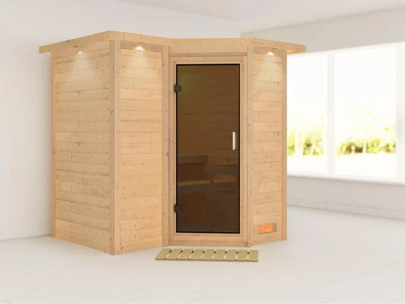 Karibu Sauna Sahib 1 ohne Ofen, mit moderner Saunatür -mit Dachkranz-