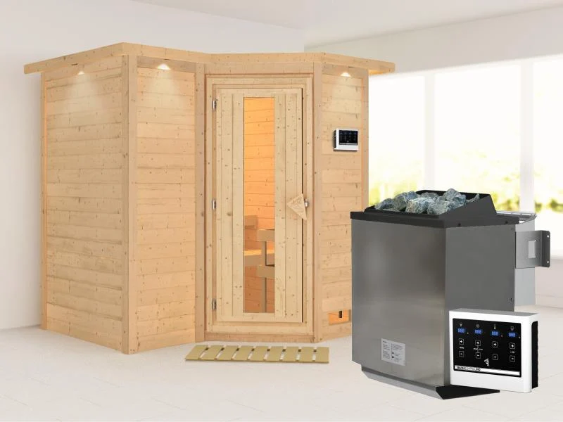 Karibu Sauna Sahib 1 inkl. 9 kW Bioofen ext. Steuerung, mit energiesparender Saunatür -mit Dachkranz