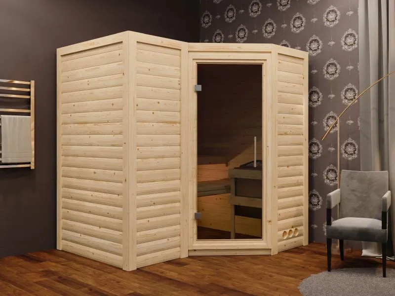 Karibu Sauna Sahib 1 ohne Ofen, mit moderner Saunatür -ohne Dachkranz-