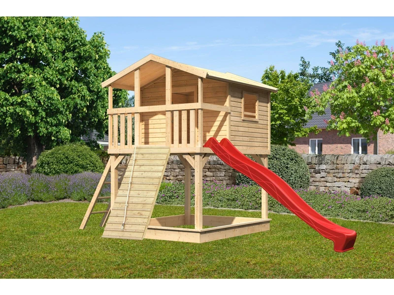 Karibu Stelzenhaus Benjamin naturbelassen + Rutsche rot + Holzrampe