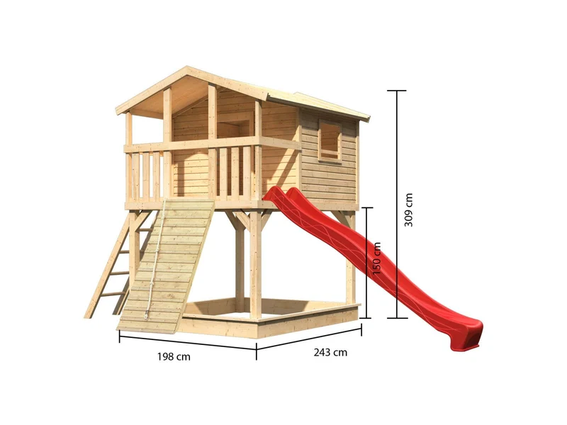 Karibu Stelzenhaus Benjamin naturbelassen + Rutsche rot + Holzrampe