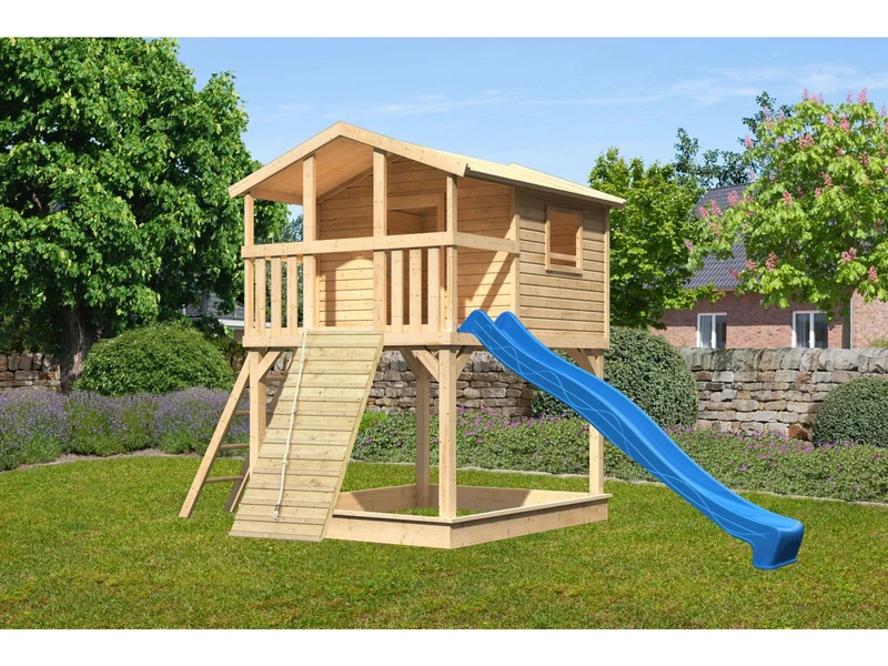 Karibu Stelzenhaus Benjamin naturbelassen + Rutsche blau + Holzrampe
