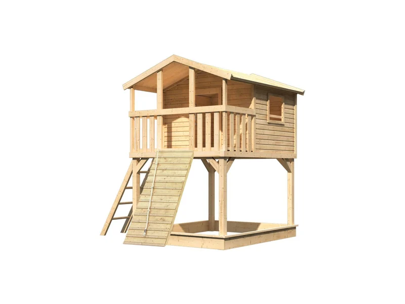 Karibu Stelzenhaus Benjamin naturbelassen mit Holzrampe