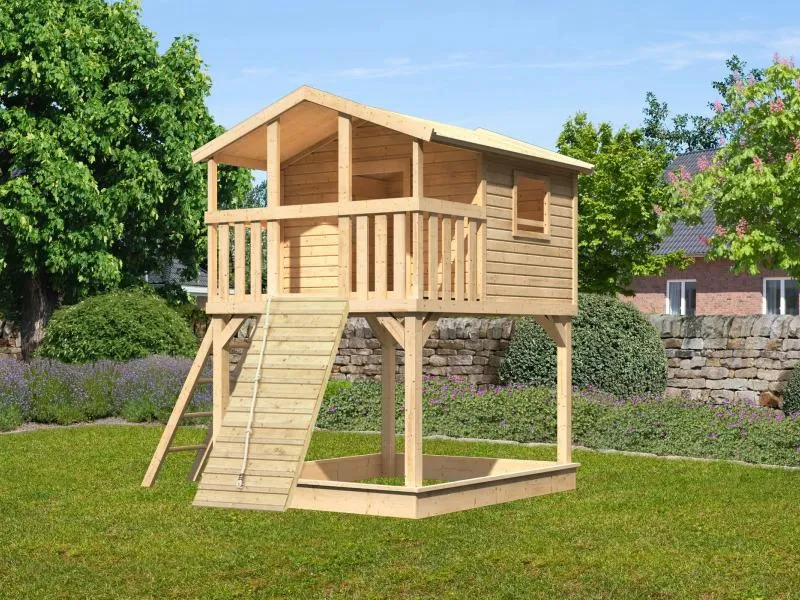 Karibu Stelzenhaus Benjamin naturbelassen mit Holzrampe