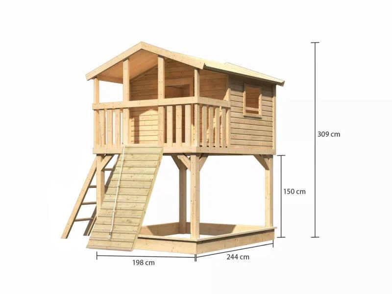 Karibu Stelzenhaus Benjamin naturbelassen mit Holzrampe