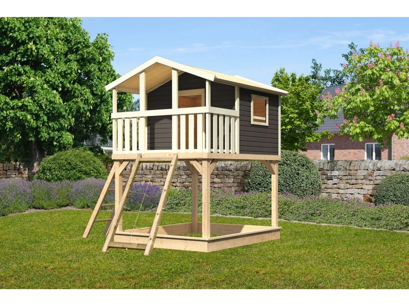 karibu Stelzenhaus Benjamin terragrau mit Netzrampe