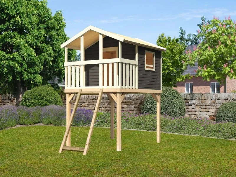 karibu Stelzenhaus Benjamin terragrau mit Netzrampe