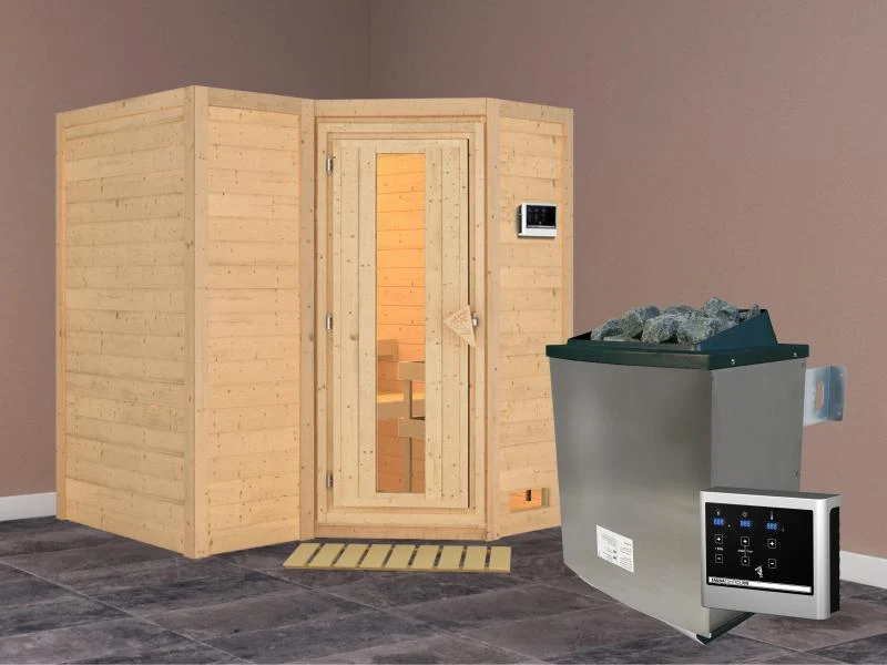 Karibu Sauna Sahib 1 inkl. 9 kW Ofen ext. Steuerung, mit energiesparender Saunatür -ohne Dachkranz-