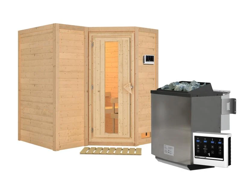 Karibu Sauna Sahib 1 inkl. 9 kW Bioofen ext. Steuerung, mit energiesparender Saunatür -ohne Dachkran