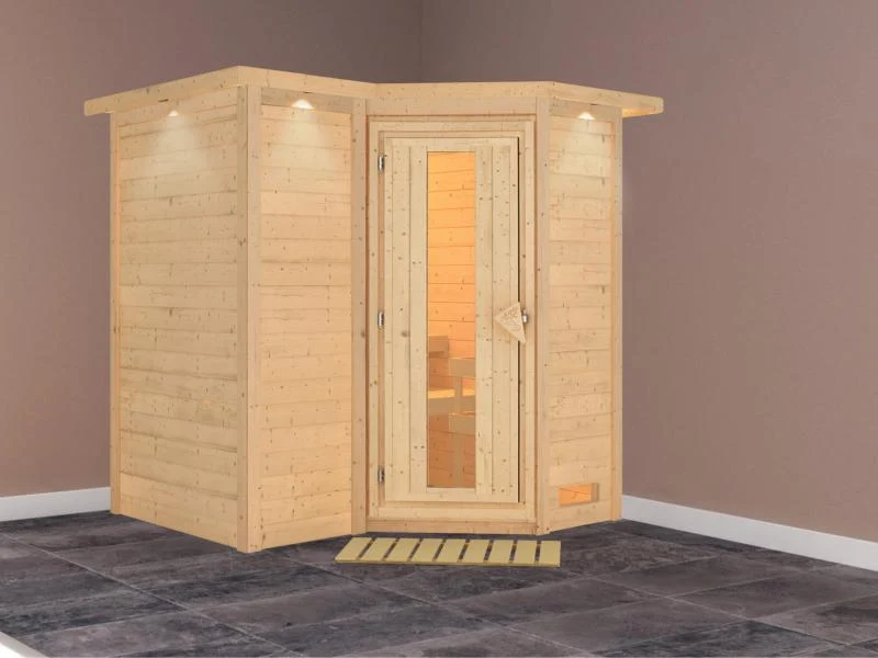 Karibu Sauna Sahib 1 ohne Ofen, mit energiesparender Saunatür -mit Dachkranz-