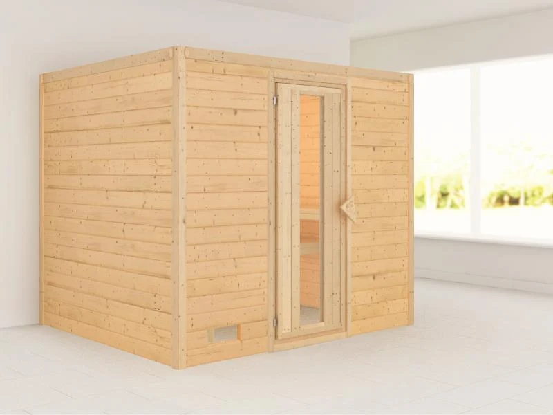 Karibu Sauna Sonara ohne Ofen, ohne Dachkranz, mit energiesparender Saunatür