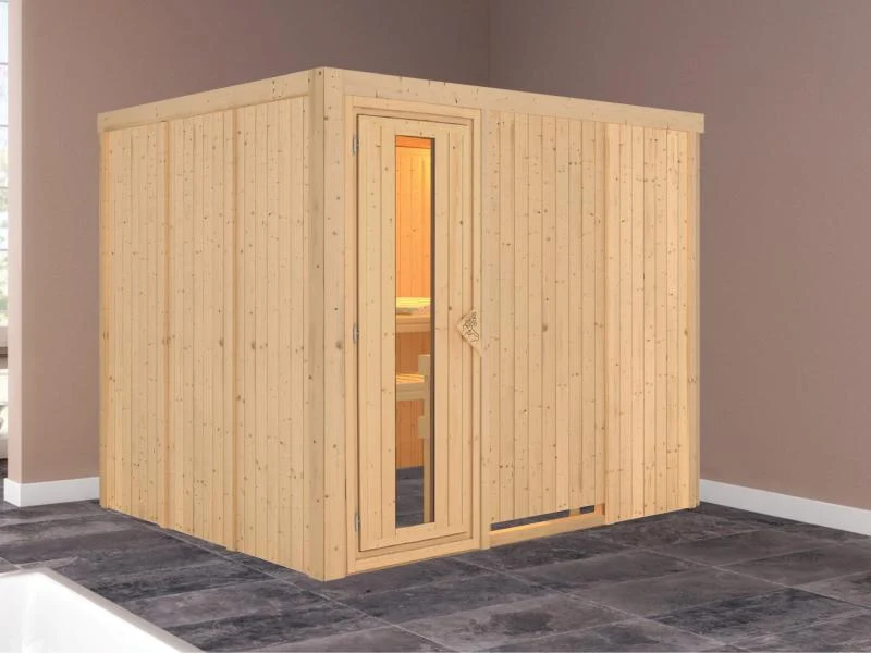 Karibu Sauna Gobin ohne Ofen, ohne Dachkranz, mit energiesparender Saunatür
