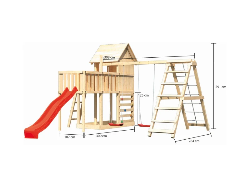 Karibu Stelzenhaus Frieda + Rutsche rot + Doppelschaukel Klettergerüst + Anbauplattform + Kletterwan