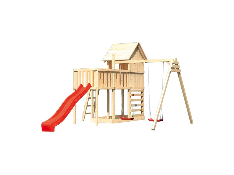Karibu Stelzenhaus Frieda + Rutsche rot + Doppelschaukel + Anbauplattform + Kletterwand