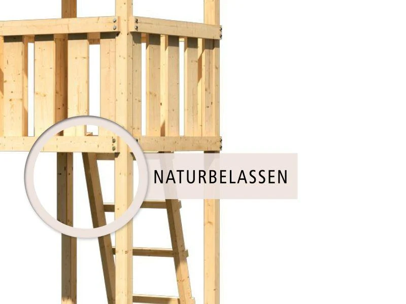 Karibu Stelzenhaus Frieda + Rutsche blau + Doppelschaukel + Anbauplattform + Kletterwand
