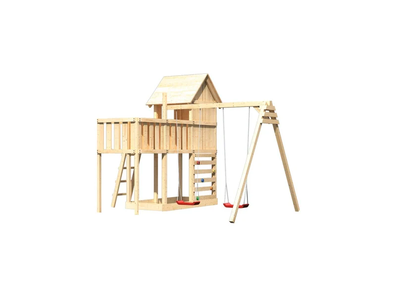 Karibu Stelzenhaus Frieda + Doppelschaukel + Anbauplattform + Kletterwand