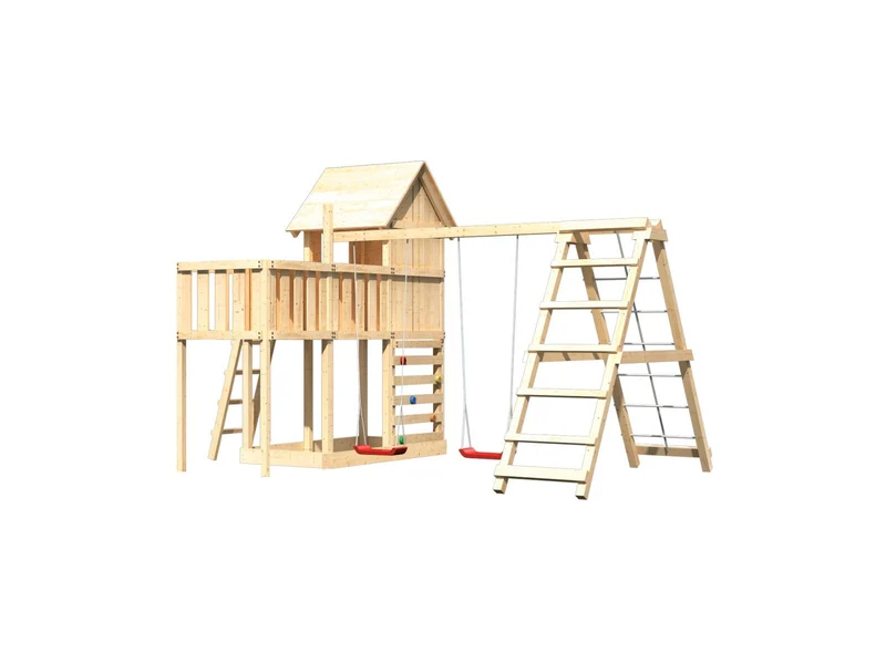 Karibu Stelzenhaus Frieda + Doppelschaukel Klettergerüst + Anbauplattform + Kletterwand