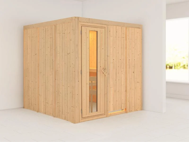 Karibu Sauna Rodin ohne Ofen, ohne Dachkranz, mit energiesparender Saunatür