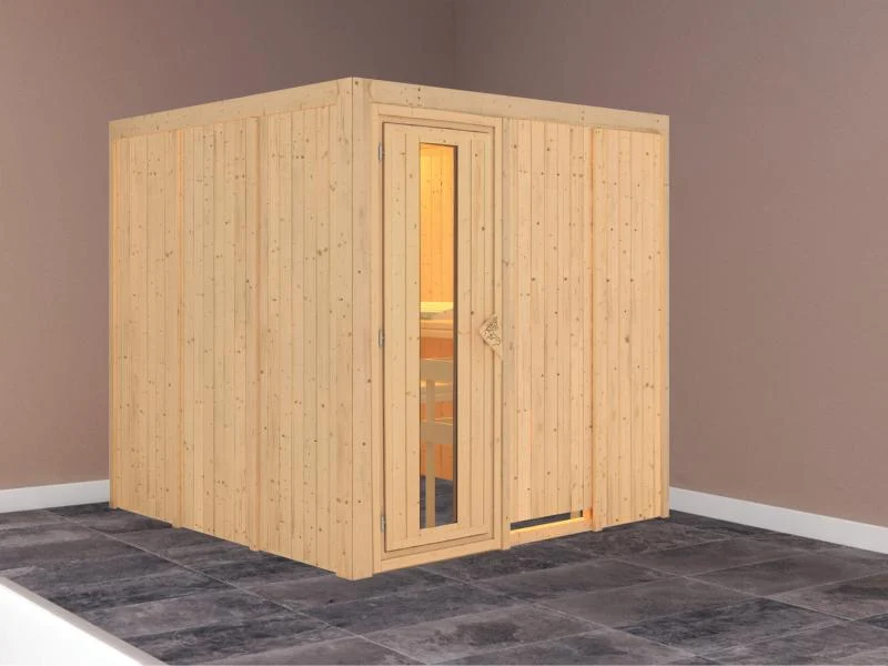 Karibu Sauna Rodin ohne Ofen, ohne Dachkranz, mit energiesparender Saunatür