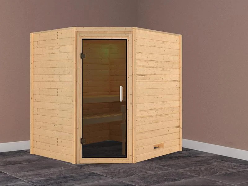 Karibu Massivholzsauna Mia 38 mm mit moderner Saunatür, ohne Dachkranz