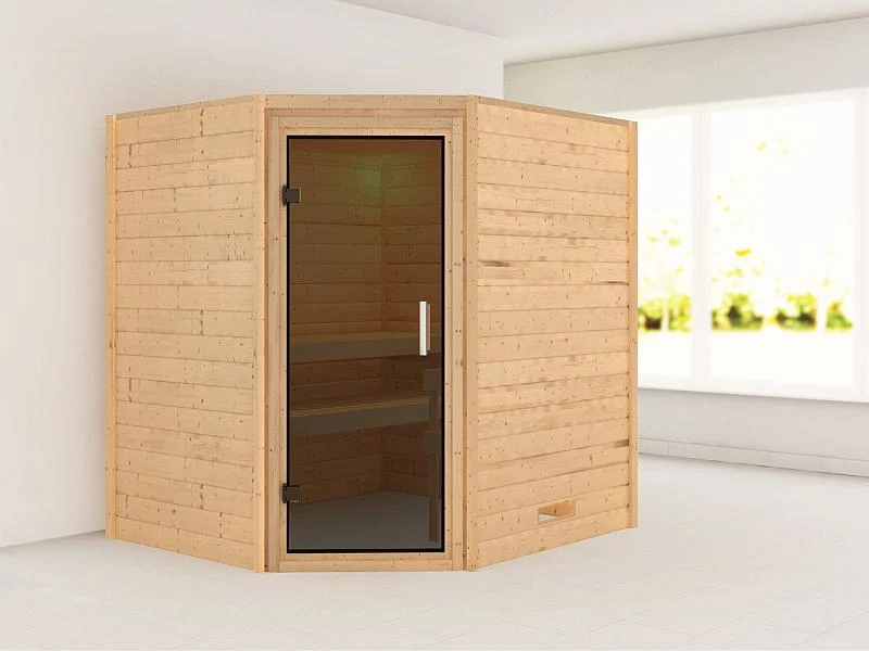 Karibu Massivholzsauna Mia 38 mm mit moderner Saunatür, ohne Dachkranz