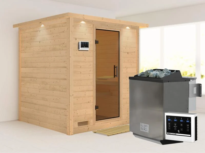 Karibu Sauna Mojave inkl. 9-kW-Bioofen mit externer Steuerung, mit Dachkranz, mit moderner Saunatür