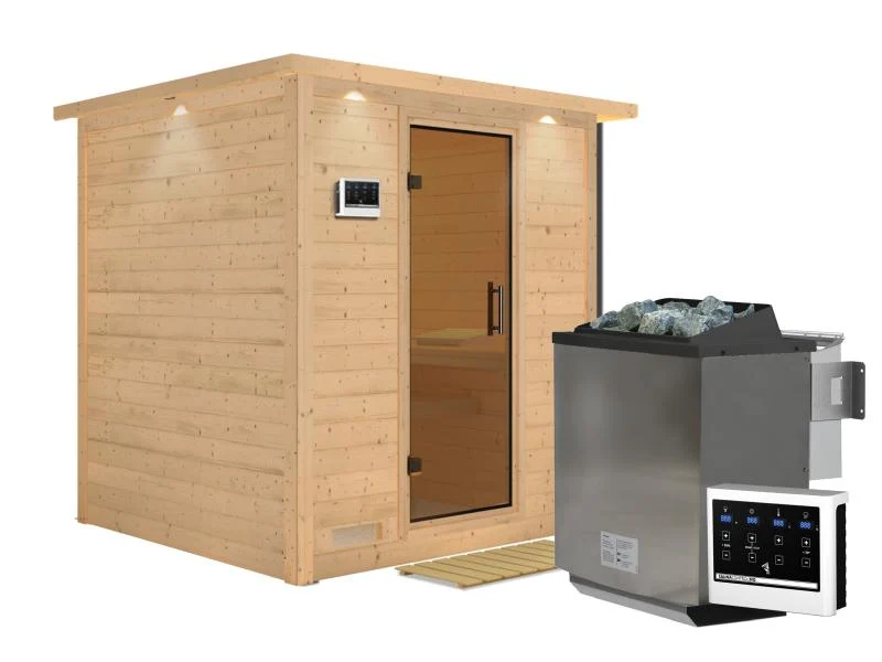 Karibu Sauna Mojave inkl. 9-kW-Bioofen mit externer Steuerung, mit Dachkranz, mit moderner Saunatür