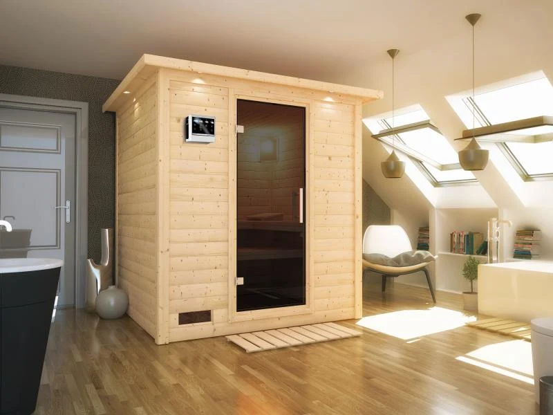 Karibu Sauna Mojave inkl. 9-kW-Bioofen mit externer Steuerung, mit Dachkranz, mit moderner Saunatür