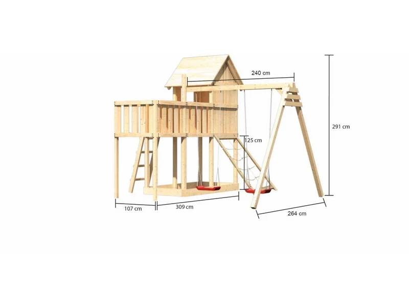 Karibu Stelzenhaus Frieda + Doppelschaukel + Anbauplattform + Netzrampe