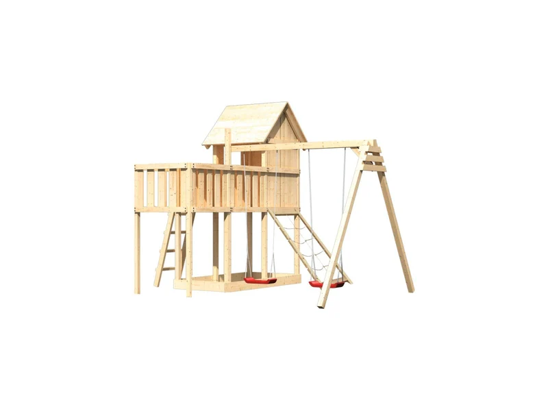 Karibu Stelzenhaus Frieda + Doppelschaukel + Anbauplattform + Netzrampe