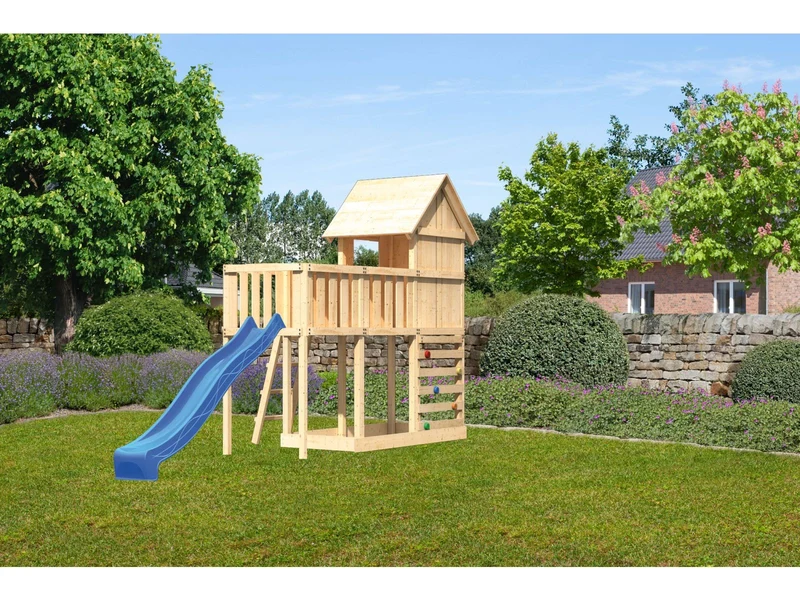 Karibu Stelzenhaus Frieda + Rutsche blau + Anbauplattform + Kletterwand