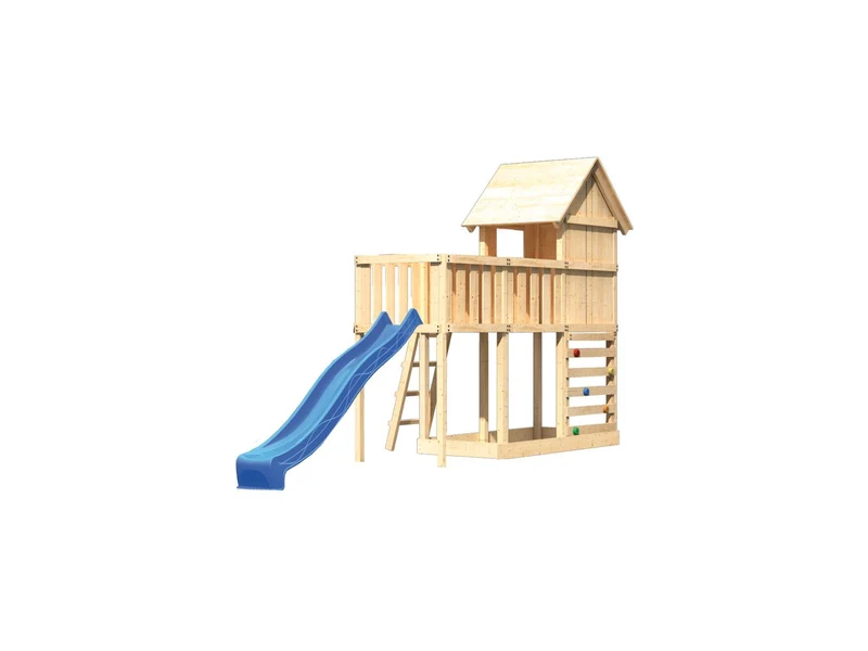 Karibu Stelzenhaus Frieda + Rutsche blau + Anbauplattform + Kletterwand