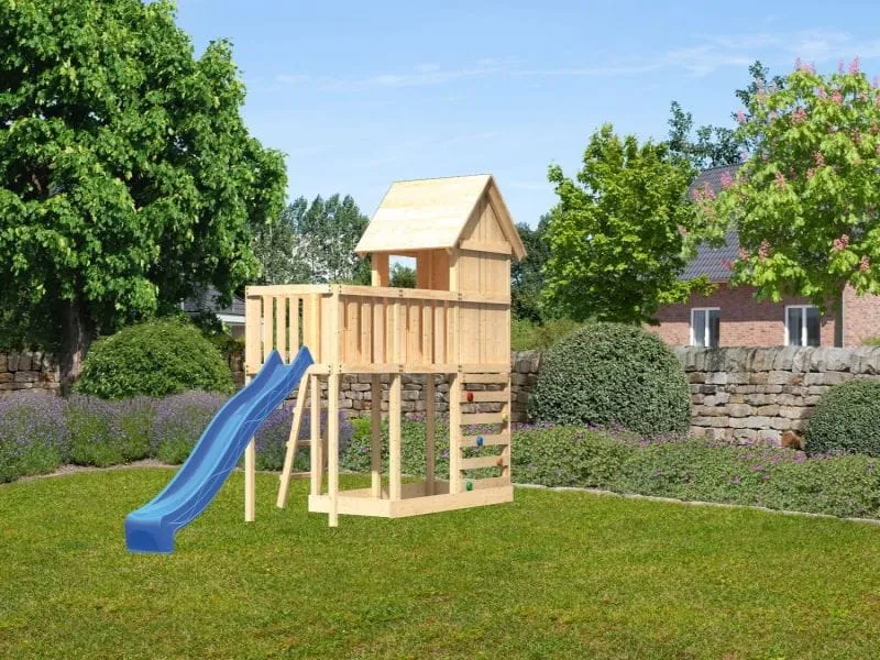 Karibu Stelzenhaus Frieda + Rutsche blau + Anbauplattform + Kletterwand