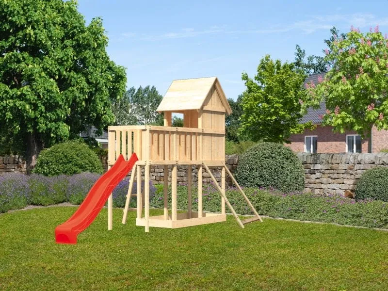 Karibu Stelzenhaus Frieda + Rutsche rot + Anbauplattform + Netzrampe