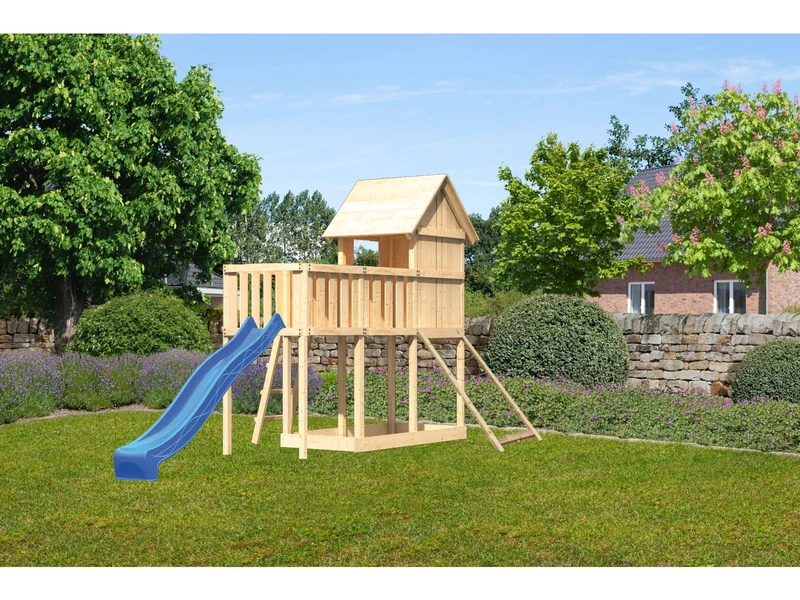 Karibu Stelzenhaus Frieda + Rutsche blau + Anbauplattform + Netzrampe